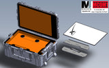 Protective hard case with handle & wheels open lid showing an orange screen and  interior, featuring MCOM RT SKB case for Gen 3 Starlink and Starshield systems