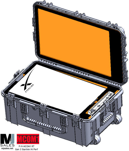 Protective hard case with handle & wheels open lid showing an orange screen and  interior, featuring MCOM RT SKB case for Gen 3 Starlink and Starshield systems